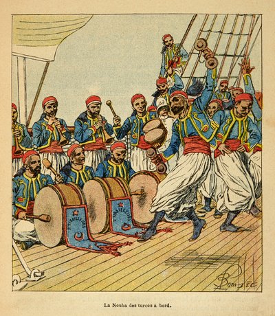 A madagaszkári háború – Az 1885–1895-ös francia expedíciók anekdotikus története, Henri Galli dit Galllichet (1854–1922), illusztrálta: Louis Bombled (1862–1927): Kilenc török ​​a Madagaszkárra vitorlázó hajón, Magángyűjtemény alkotó: Louis Charles Bombled
