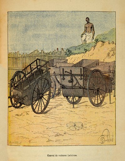 A madagaszkári háború – Henri Galli dit Galllichet (1854-1922) 1885-1895-ös francia expedícióinak anekdotikus története, Louis Bombled (1862-1927) illusztrálásával: Lefebvre által a csapatok ellátására használt autókonvoj, Magángyűjtemény alkotó: Louis Charles Bombled