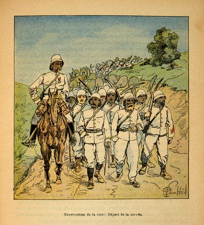 A madagaszkári háború - Az 1885-1895-ös francia expedíciók története Henri Galli dit Galllichet (1854-1922) tollából, Louis Bombled (1862-1927) illusztrációjával: Útépítés Madagaszkáron, a corvee kezdete, magángyűjtemény. alkotó: Louis Charles Bombled
