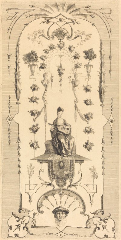Ülő nő gitározik alkotó: Louis Crépy after Antoine Watteau