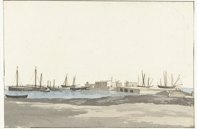 Barletta kikötője hajókkal Mole du port de Barletta (cím a tárgyon) Voyage en Italy, and Sicile et à Malte – 1778 (sorozat címe) alkotó: Louis Ducros