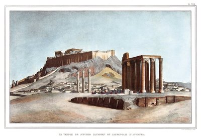 Olimpiai Jupiter temploma és Athénész Akropolisza. a „” Utazás Athénészbe és Konstantinápolyba, vagy a természeti helyekre festett görög és oszmán portrék, nézetek és jelmezek gyűjteménye, Louis Dupre (1789-1837) litográfiái és színei, pu alkotó: Louis Dupré