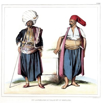 A palota janicsárja és egy bostangi (a szeriló kertésze). a „” Utazás Athénészbe és Konstantinápolyba című filmben, vagy Louis Dupre (1789-183) természeti helyekre festett görög és oszmán portrék, kilátások és jelmezek gyűjteménye, litográfiák és színek. alkotó: Louis Dupré