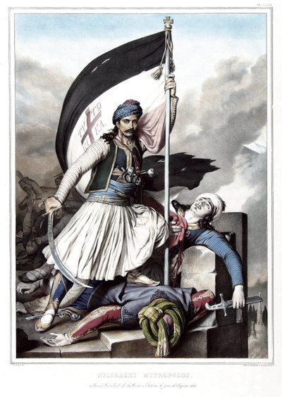 Nikolacki Nitropolos, aki az Oszmán Birodalomból átvett szalonai erődnél a keresztet viseli, 1821 húsvét napján a „” Utazás Athénbe és Konstantinápolyba című művében, vagy görög és oszmán portrék, nézetek és jelmezek gyűjteményében festve. alkotó: Louis Dupré