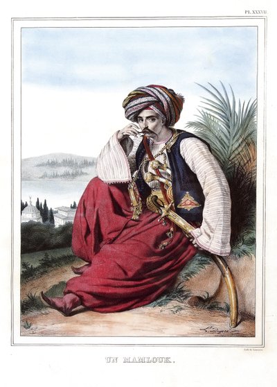 Un mamlouk (mamluk). a „” Utazás Athénészbe és Konstantinápolyba című filmben, vagy görög és oszmán portrék, nézetek és jelmezek gyűjteménye, amelyeket a természet utáni helyekre festett, Louis Dupre (1789-1837), David tanítványa litográfiái és színei.1825 alkotó: Louis Dupré