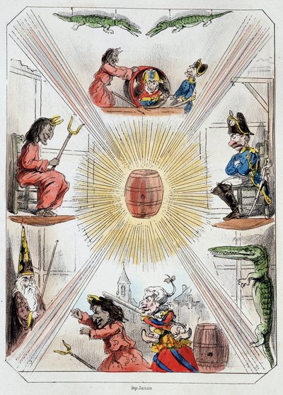 Le tonneau - litográfia, a Theatre des marionnettes du jardin des Tuileries-ból, szöveg és rajz: Louis Edmond Duranty (1833-1880), Párizs. alkotó: Louis Edmond Duranty