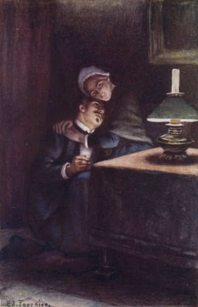 Nehéz, gyapjas fejét a lány térdére hajtotta, és felidézte gyermekkora boldog estéit. alkotó: Louis Edouard Paul Fournier