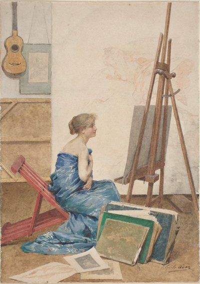 Festőstúdió japán selyemmel burkolt modellel alkotó: Louis Emile Adan