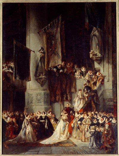 Szertartás a delfti templomban. századi hollandiai esküvőt ábrázoló festmény. Louis Gabriel Eugene Isabey (1803-1886) festménye alkotó: Louis Eugene Gabriel Isabey