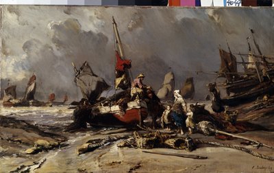 ""After the storm"" (After the storm) Egy halász megtalálja családját a vihar után. Louis Gabriel Eugene Isabey (1803-1886) festménye 1869 Méret: 36,5x60 cm Ermitázs Múzeum, Szentpétervár alkotó: Louis Eugene Gabriel Isabey