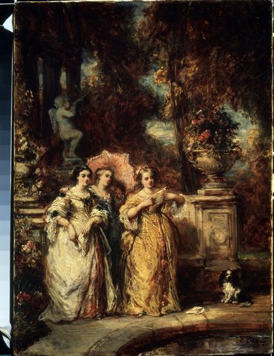 "La promenade" (Séta) Három fiatal lány egy jó családból egy parkban. Louis Gabriel Eugene Isabey (1803-1886) festménye 1852 Puskin Múzeum, Moszkva alkotó: Louis Eugene Gabriel Isabey