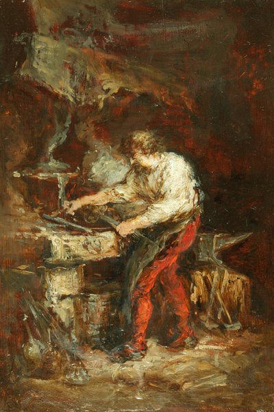The Smithy (olaj a panelen) alkotó: Louis Eugene Gabriel Isabey