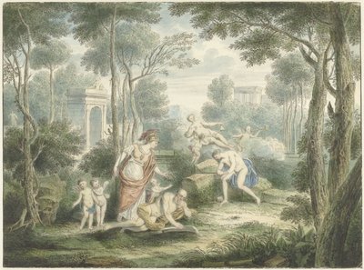 Árkádiai táj egy öregembert koronázó Athénével, valamint Vénusz és Adonisz alkotó: Louis Fabritius Dubourg