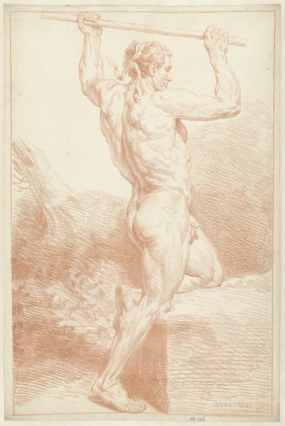 Tanulmány egy férfi aktról, egyik térdén, bottal a feje fölött alkotó: Louis Fabritius Dubourg