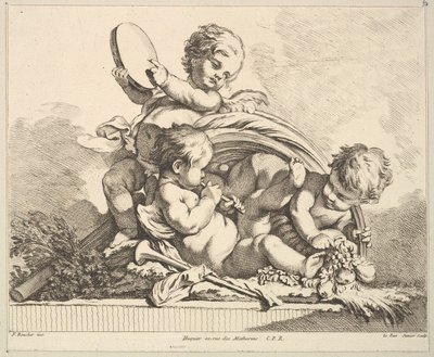 Három Ámor, kettő zenél, egy pálmalevelet tart. alkotó: Louis Felix de la Rue