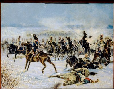 The Battle of Eylau, 1807. február 20. (The Battle of Preussisch Eylau, 1807. február 8.). Katonai összecsapás I. Napóleon (1769-1821) francia Grande Armee és az Orosz Birodalom között. Louis Ferdinand Malespina (1874-1940) munkája, olaj kb alkotó: Louis Ferdinand Malespina