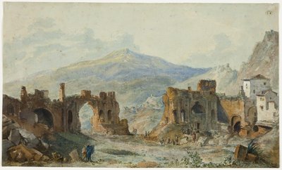 A taorminai ókori színház az Etnára néző kilátással, tanulmány Saint Non Voyage Pittoresque de Naples et de Sicile című művéhez. alkotó: Louis Francois Cassas