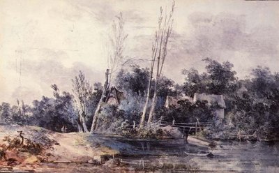 Víkendházak és fűz a patak mellett figurákkal alkotó: Louis Gabriel Moreau