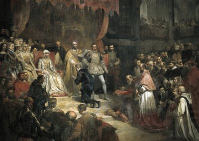 V. Károly (1500-1558) lemondott a trónról fia, II. Fülöp (1527-1598) javára alkotó: Louis Galna