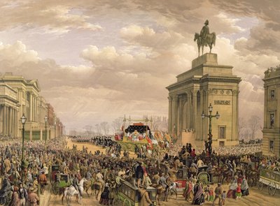 Wellington hercegének temetése, az Apsley House boltíve mellett elhaladó temetkezési autó, 1852. november 18., Thomas Picken (fl. 1838-1870), kocsma. Írta: Ackermann és Day, 1853 alkotó: Louis Haghe