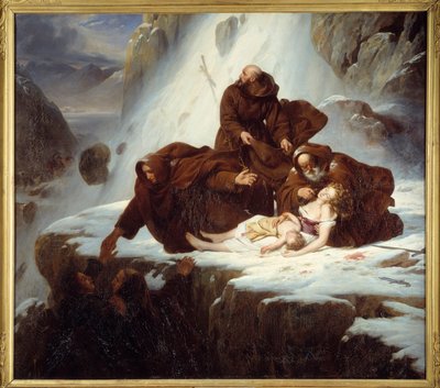 A vallásosok a Szent Gotthard (San Gottardo) hospice-ban, a rablók által érintett családoknak segélyt nyújtanak Louis Hersent (1777-1860) festménye 1824 alkotó: Louis Hersent