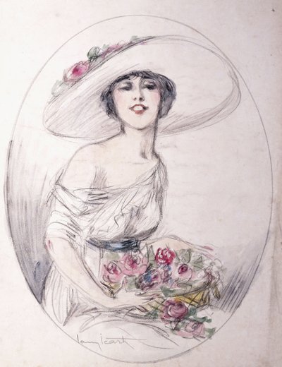 Lány csokor virággal alkotó: Louis Icart
