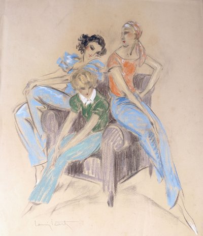 Három lány ül egy karosszékben alkotó: Louis Icart