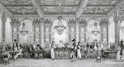 A Dusillon építész által épített Cafe de la Banque de France a Place de Victoire - Schaal metszete - 1839 - alkotó: Louis Jacques Nicolas Schaal