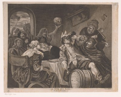Bulizó társaság egy koronás ivó emberrel La fete des rois (cím a tárgyon) Vízkereszt ünnepe alkotó: Louis Jaugey