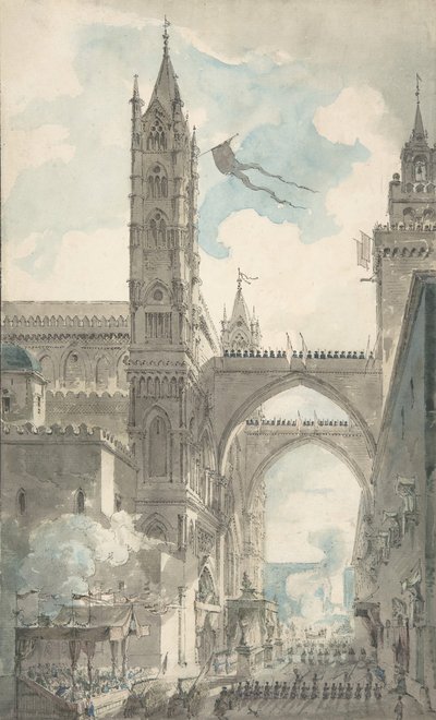 Kilátás a palermói székesegyház portáljára és főbejáratára a fesztivál ideje alatt..., n.d. alkotó: Louis Jean Desprez