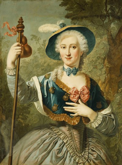 Háromnegyed hosszú, zarándoknak öltözött, kék bélésű szalmakalapot és tollat viselő hölgy portréja, 1747 alkotó: Louis Jean François Lagrenée