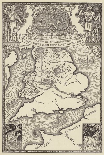 Egy térkép, amely bemutatja a királyi vadászerdők helyzetét, ahol Robin Hood élt, i.sz. 1160-1247 alkotó: Louis John Rhead