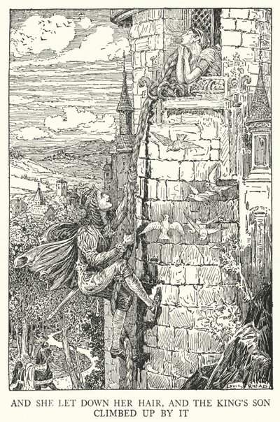És leeresztette a haját, és a király fia felmászott mellette (litho) alkotó: Louis John Rhead