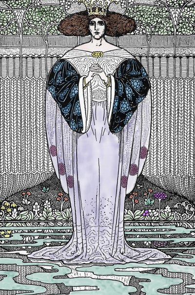 A tó hölgyének ábrázolása (Nimue, Viviane) Louis Rhead (1858-1926) illusztrációja „Artúr király és lovagjai” c. alkotó: Louis John Rhead