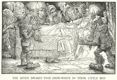 A hét törpe megtalálja Hófehérkét a kis ágyában (litho) alkotó: Louis John Rhead