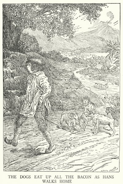 A kutyák megeszik az összes szalonnát, miközben Hans hazafelé sétál (litho) alkotó: Louis John Rhead
