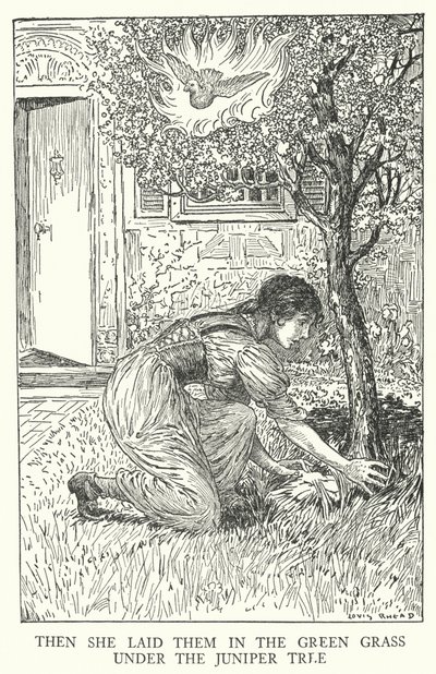 A zöld fűbe fektette őket a borókafa alá (litho) alkotó: Louis John Rhead
