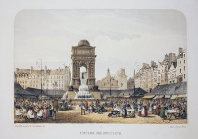 Ártatlanok szökőkútja (Nimfák szökőkútja), Párizs. Litográfiai akvarell, Arnout illusztrációja, „Album, souvenirs de Paris”-ban, Daziaro szerkesztő, Párizs alkotó: Louis Jules Arnout