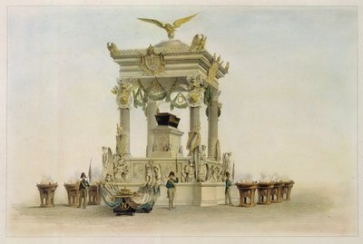 I. Bonaparte Napóleon (1769-1821) koporsója az Invalidusok templomában (Párizs, Franciaország). (Napóleon koporsója a The Les Invalides templomában). Louis Jules Arnout (1814-1868) munkája, litográfia és akvarell. 19. századi francia művészet, klasszicizmu alkotó: Louis Jules Arnout