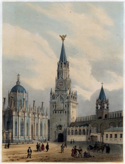 ""Kilátás a Szent Megváltó tornyára (vagy a Szpasszkaja-toronyra) és a Vörös térre, Kreml, Moszkva" (A Szpasszkaja-torony (Megváltó kapu) és a Mennybemenetele Szent Katalin-templom kolostor a moszkvai Kremlben) Lajos litográfiája Jules Arnout (1814-1868) – alkotó: Louis Jules Arnout