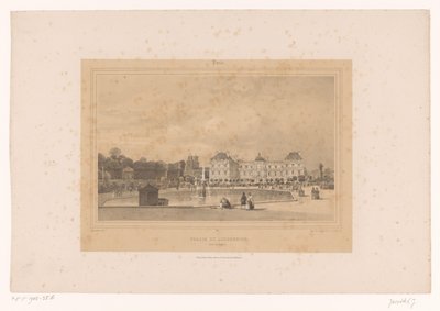Kilátás a Luxembourg-palotára a Jardin du Luxembourgból Palais du Luxembourg, Côté du Jardin (cím a tárgyon) Gezichten in en om Paris (sorozat címe) Paris (sorozat címe a tárgyon) alkotó: Louis Julien Jacottet