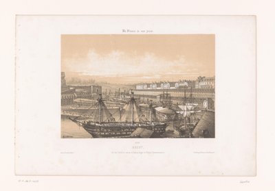 Kilátás az Arzenálra Brest kikötőjében brest. Vue des Corderies hautes et basses, Bagne és Hôpital Clermontonnerre (cím a tárgyon) Kortárs Franciaország (sorozat címe) La France de nos jours (sorozat címe a tárgyon) alkotó: Louis Le Breton