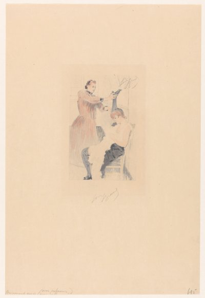 Kánkán táncos ül egy széken, miközben rugalmassági gyakorlatot csinál Brisement assis (avec professeur) (cím a tárgyon) alkotó: Louis Legrand (signed by artist)