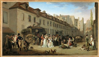 Egy hintó érkezése a párizsi Messageries udvarára, a rue Notre-Dame-des-Victoires-ra ... alkotó: Louis Leopold Boilly