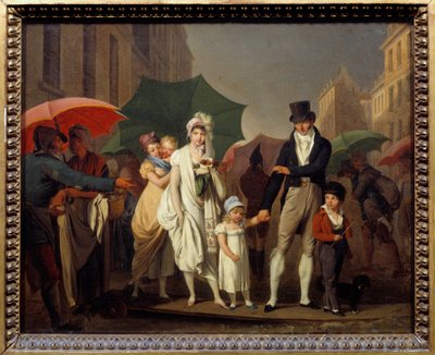 A Bourgeois a párizsi Premier Empire módra zuhan, védve magát az esőtől. Louis leopold Boilly (1761-1845) festménye 19. század V. 0,32x0,4 m - A felhőszakadás. Az első birodalmi módra öltözött párizsi polgárok védik magukat fr alkotó: Louis Leopold Boilly