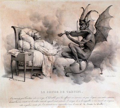 Giuseppe Tartini olasz zeneszerző álma, aki egy hegedűn játszó ördögöt látott, akiből az Ördögtrill szonáta lesz (illusztráció alkotó: Louis Leopold Boilly