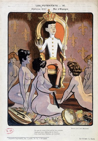 XIII. Alfonz, spanyol király portréja a trónján, meztelen nőkkel körülvéve – Louis Malteste rajza a „La Vie en Rose” című filmben, 1902. 09. 21.. alkotó: Louis Malteste