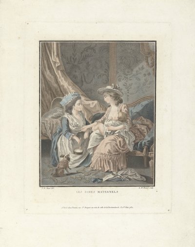 Anya gyermekével és szobalánnyal Les soins maternels (cím a tárgyon) alkotó: Louis Marin Bonnet