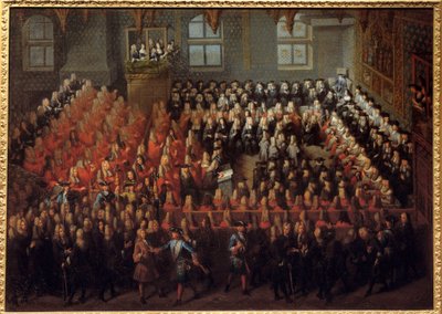 XV. Lajos (1710-1774) igazságszolgáltatási ágya a párizsi parlament nagytermében, hogy megszegje XIV. Lajos (1638-1715) akaratát alkotó: Louis Michel Dumesnil
