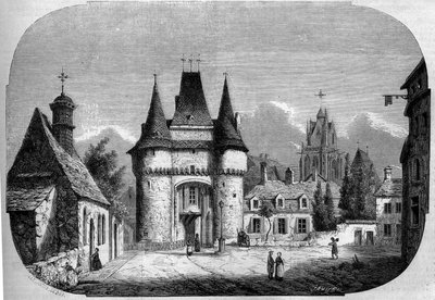 Építészet: a Saint Julien-kapu képe (1460-1483), a háttérben a gótikus Notre Dame des Marais templom (1450-1623) képe. La Ferte Bernard, Sarthe (72) alkotó: Louis Moullin